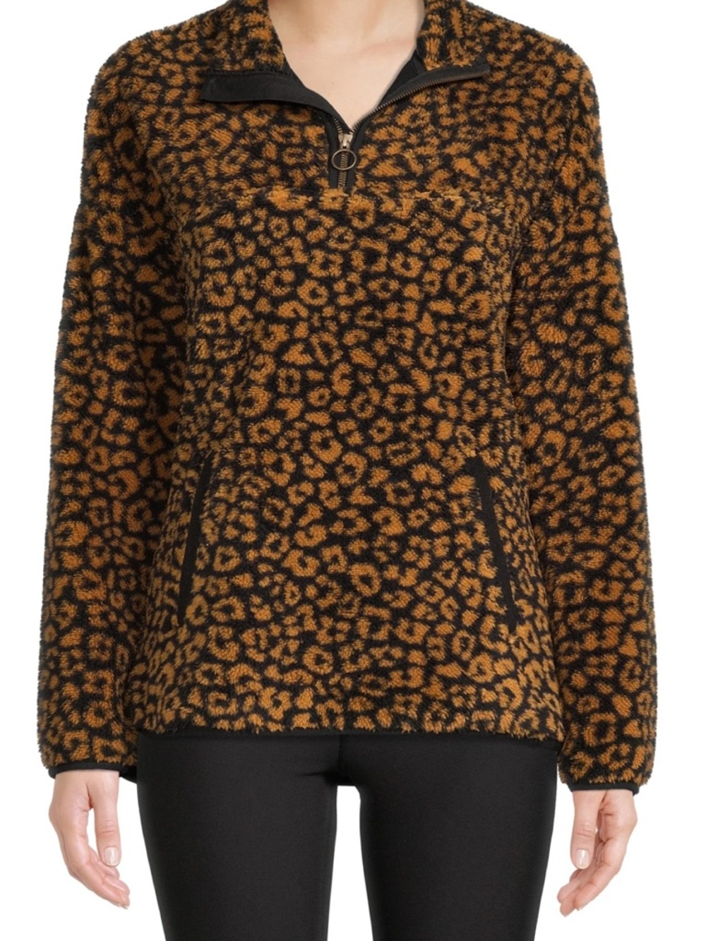 Time And Tru Leopard Print Sherpa Quarter Zip Pullover